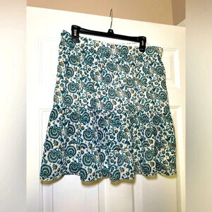 J Crew Woman’s Mini Skirt Size Large Paisley Green Orange Print Flouncy Elastic